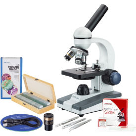 AmScope 40X-1000X Monocular Microscope 1.3MP Digital Camera 3-pc Tweezers Set & 50-pc Slide Set VB-M150C-GLD