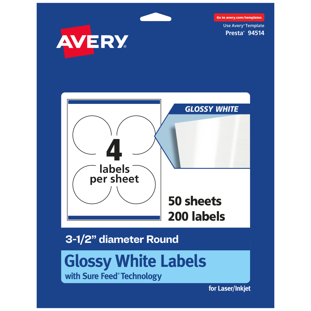 Avery Glossy Permanent Labels With Sure Feed, 94514-WGP50, Round, 3-1/2in Diameter, White, Pack Of 200 MPN:94514-WGP50