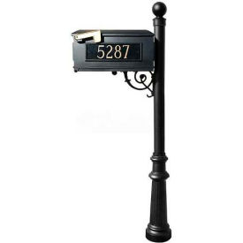 Lewiston Mailbox Post (Fluted Base & Ball Finial) w/3 Address Plates Support Brace Black LMC-804-BL