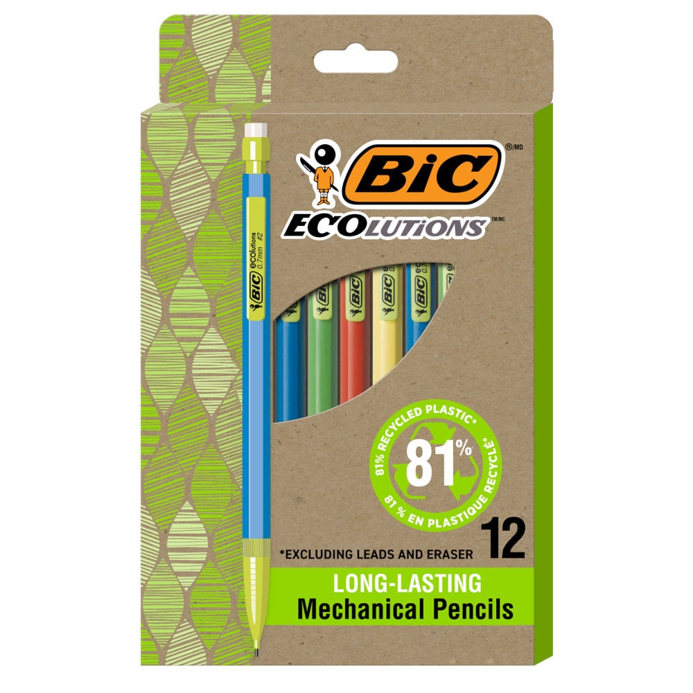 BIC Ecolutions #2 Mechanical Pencils, 0.7 mm, Medium Point, 65% Recycled, Assorted Barrel, Pack of 12 Pencils (Min Order Qty 11) MPN:MPE12-BLK