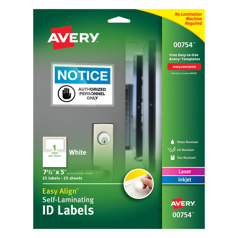 Avery Easy Align Self-Laminating ID Labels, AVE00754, 5in x 7 1/2in, White, Pack of 25 (Min Order Qty 2) MPN:00754