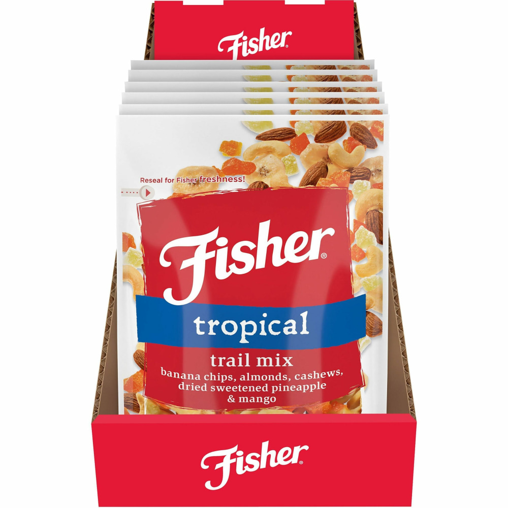 Fisher Tropical Trail Mix - No Artificial Color, Resealable Bag - Banana, Almond, Cashew, Pineapple, Mango - 1 Serving Bag - 3.50 oz - 6 / Carton (Min Order Qty 4) MPN:P27165