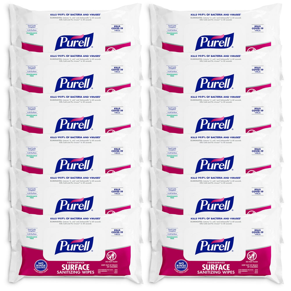 Purell Foodservice Surface Sanitizing Wipes, Fragrance Free, 7-7/16in x 9in, White, 72 Wipes Per Flowpack, Case Of 12 Packs MPN:9371-12