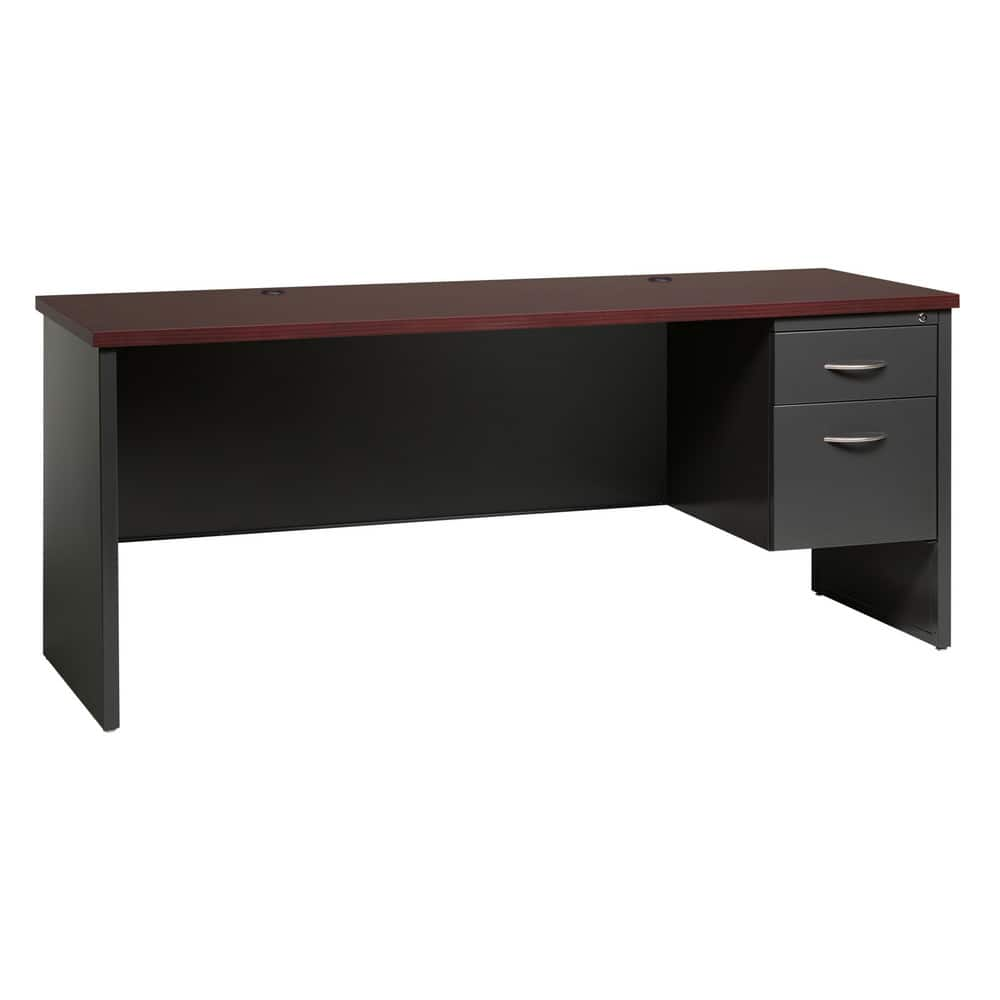 Steel Base Right Pedestal Desk: Woodgrain Laminate Top, Mahogany & Charcoal MPN:20554