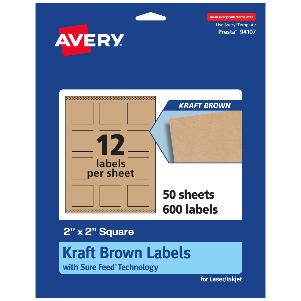 Avery Kraft Permanent Labels With Sure Feed, 94107-KMP50, Square, 2in x 2in, Brown, Pack Of 600 (Min Order Qty 2) MPN:94107-KMP50