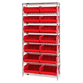 GoVets™ Chrome Wire Shelving With 14 Giant Plastic Stacking Bins Red 36x14x74 929RD268