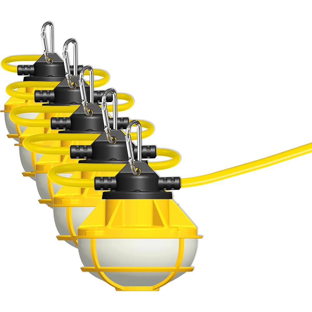 Temporary String Lights, Guard Material: Plastic , Cord Type: SJTW , Maximum Watt Per Socket: 65 , Ip Rating: IP65 , Lumens: 1600  MPN:WORKSL50-5/2