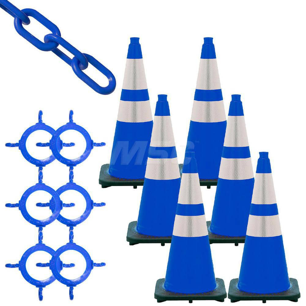 Traffic Cone with Reflective Collar & Chain Kit: Plastic, Traffic Blue, 50' Long, 2