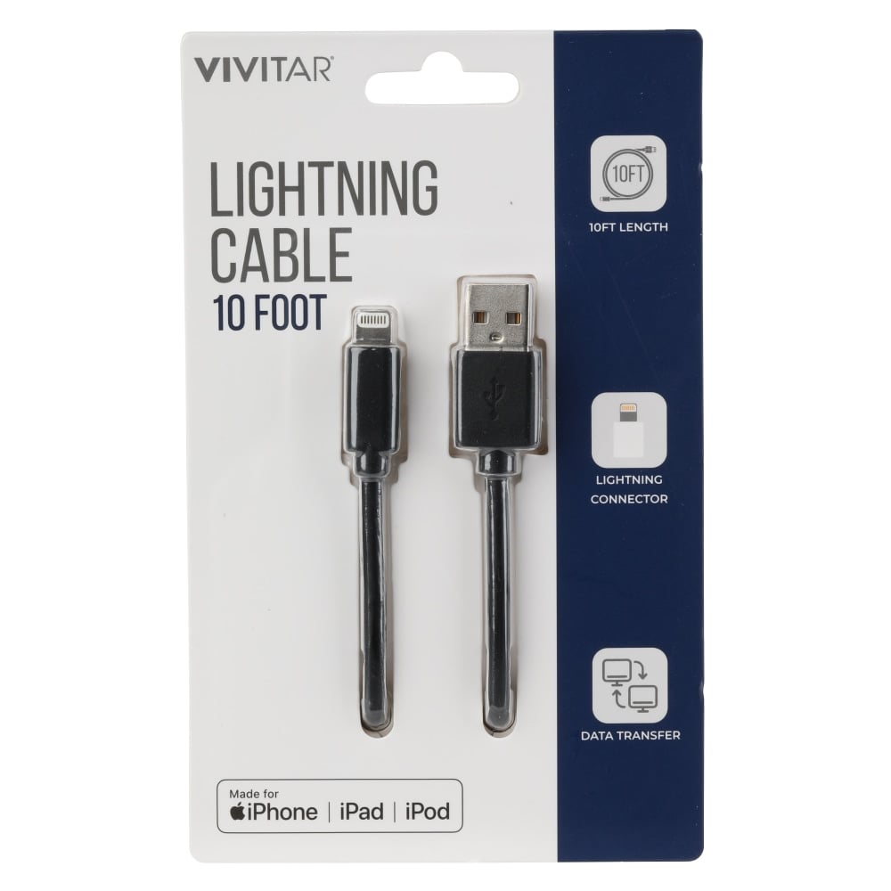 Vivitar Lightning To USB-A Cable, 10ft, Black, NIL1010-BLK-STK-24 (Min Order Qty 9) MPN:NIL1010-BLK-STK-24