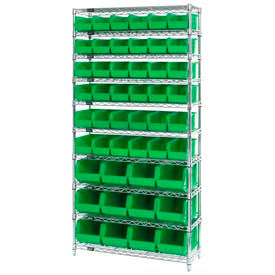 GoVets™ Chrome Wire Shelving With 48 Giant Plastic Stacking Bins Green 36x14x74 925GN268