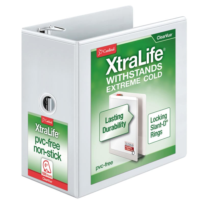 Cardinal XtraLife ClearVue Nonstick Locking Slant 3-Ring Binder, 6in D-Rings, White (Min Order Qty 2) MPN:26360