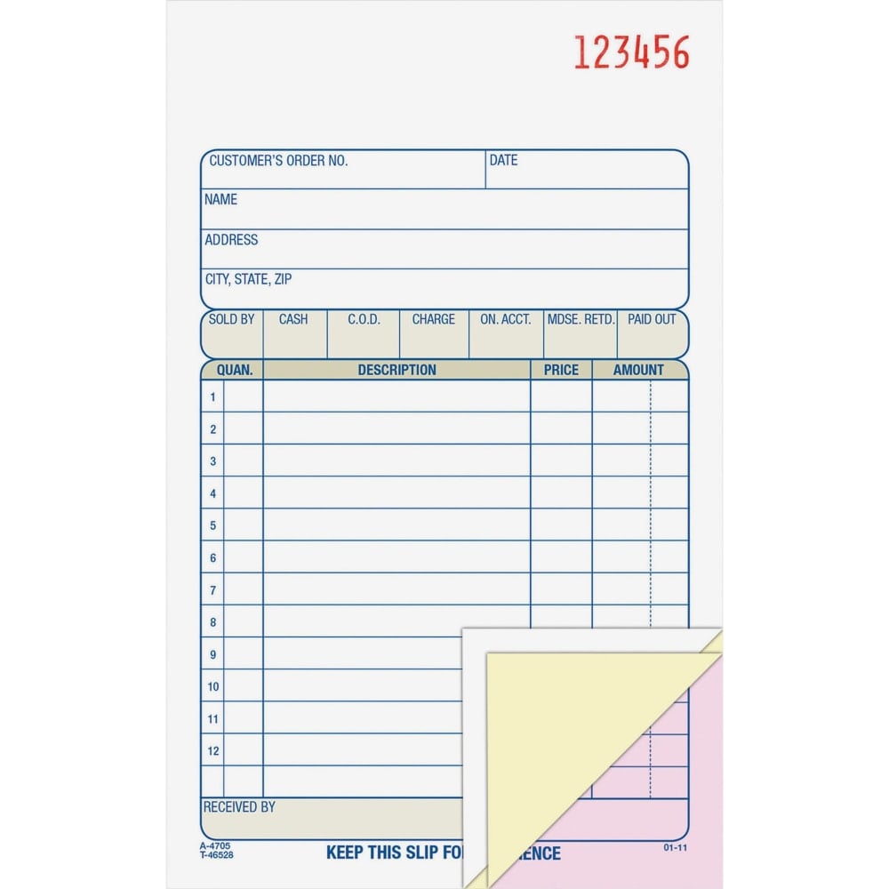 Adams Carbonless 3-part Sales Order Books - 50 Sheet(s) - 3 PartCarbonless Copy - 4.18in x 7.18in Sheet Size - White, Canary, Pink - Assorted Sheet(s) - 1 Each (Min Order Qty 12) MPN:TC4705