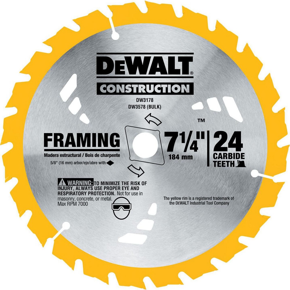 Wet & Dry-Cut Saw Blades, Blade Diameter (Inch): 7-1/4 , Blade Thickness (Decimal Inch): 0.0450 , Arbor Hole Diameter (Inch): 5/8 , Number of Teeth: 24  MPN:DW3578P3