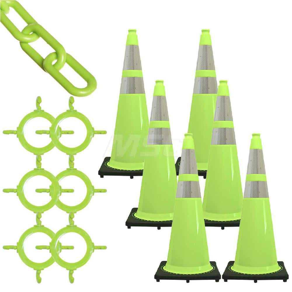 Traffic Cone with Reflective Collar & Chain Kit: Plastic, Safety Green, 50' Long, 2