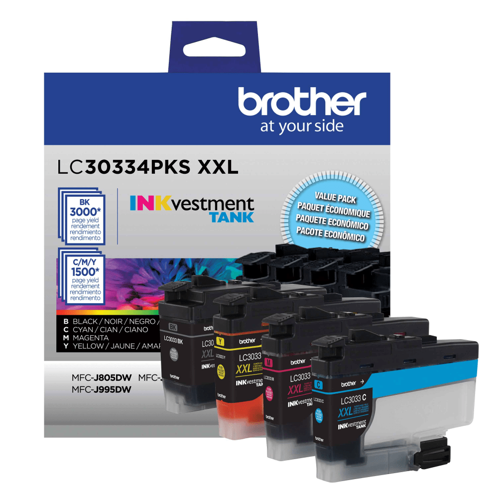 Brother LC3033 Genuine Black; Cyan; Magenta; Yellow High-Yield Multi-Pack Ink, Pack Of 4 Cartridges, LC30334PKS MPN:LC30334PKS