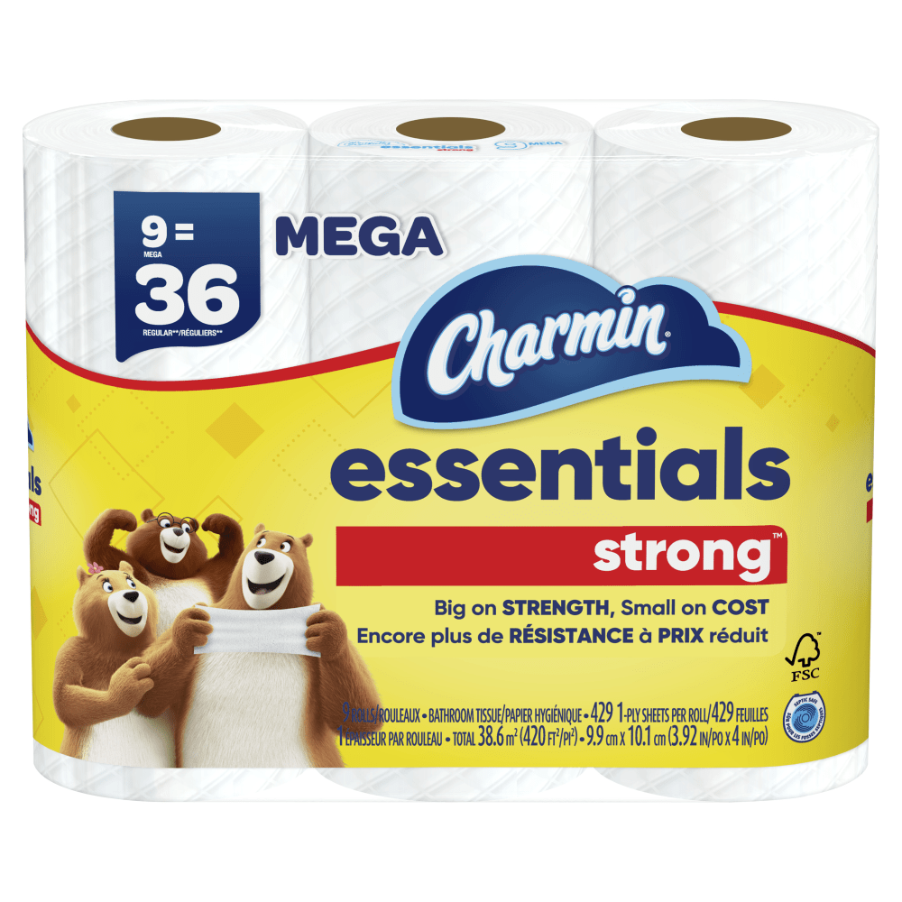 Charmin Essentials Strong Mega 2-Ply Toilet Paper Rolls, 4in x 4-1/2in, White, 429 Sheets Per Roll, Pack Of 9 Rolls (Min Order Qty 5) MPN:04516