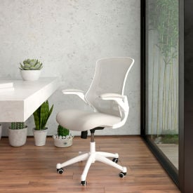 Flash Furniture Mesh Ergonomic Task Office Chair with White Frame and Flip-Up Arms - Light Gray X-5M-WH-GY-GGBL-