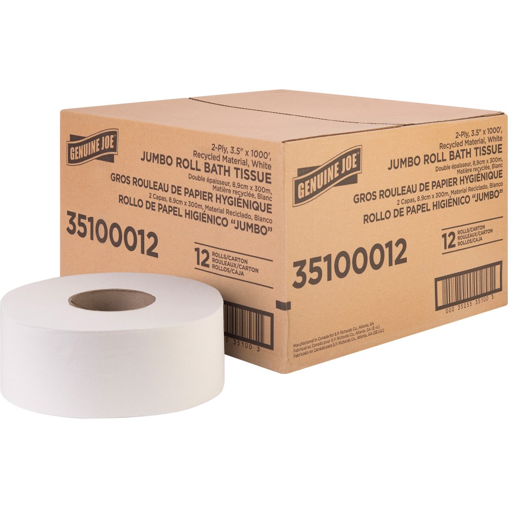 Genuine Joe Jumbo Jr Dispenser Bath Tissue Roll - 2 Ply - 3.50in x 1000 ft - 8.88in Roll Diameter - White - Fiber - 12 / Carton (Min Order Qty 2) MPN:35100012