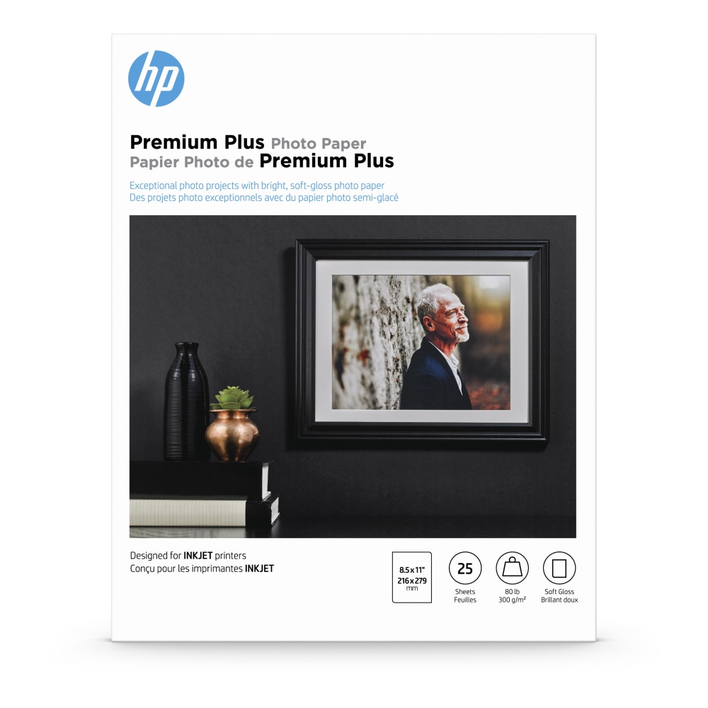 HP Premium Plus Photo Paper for Inkjet Printers, Soft Gloss, Letter Size (8 1/2in x 11in), 80 Lb., Pack Of 25 Sheets (CR671A) (Min Order Qty 3) MPN:CR671A