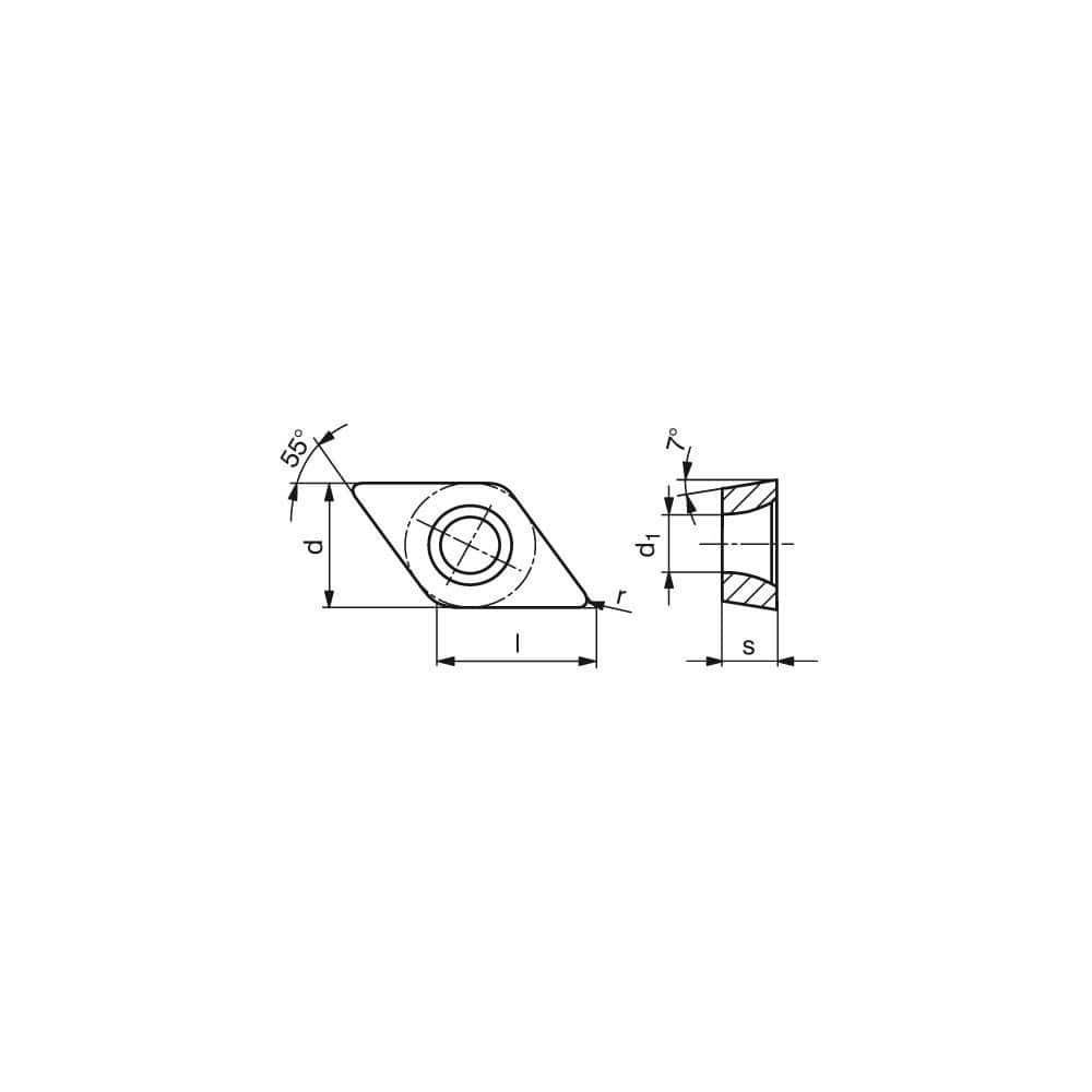 Turning Inserts, Insert Style: DCGT , Insert Size Code: 0702015 , Insert Shape: Diamond , Included Angle: 55.0 , Inscribed Circle (Decimal Inch): 0.2500  MPN:72400715