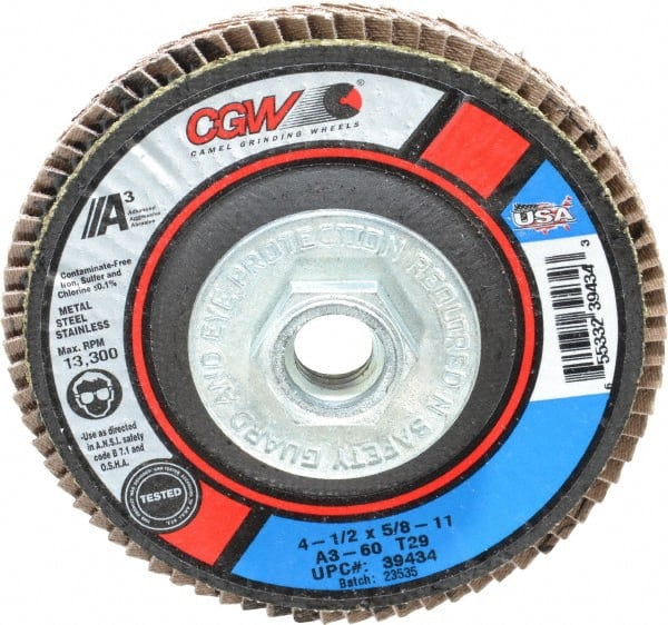 Flap Disc: 5/8-11 Hole, 60 Grit, Aluminum Oxide, Type 29 MPN:39434