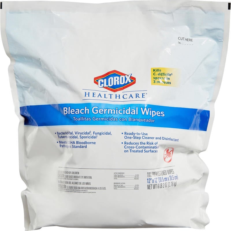 Clorox Healthcare Bleach Germicidal Wipes Refill - Ready-To-Use - 12in Length x 12in Width - 110 / Pack - 200 / Pallet - White MPN:30359PL