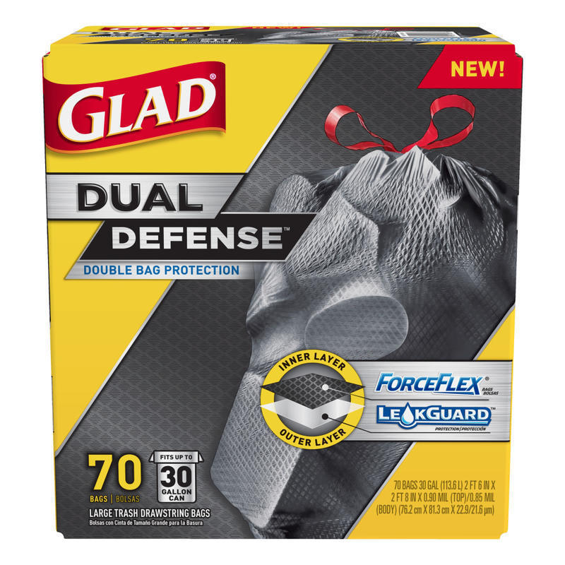 Glad ForceFlex Drawstring Trash Bags, 30 Gallons, Black, Box Of 70 Bags (Min Order Qty 2) MPN:70358