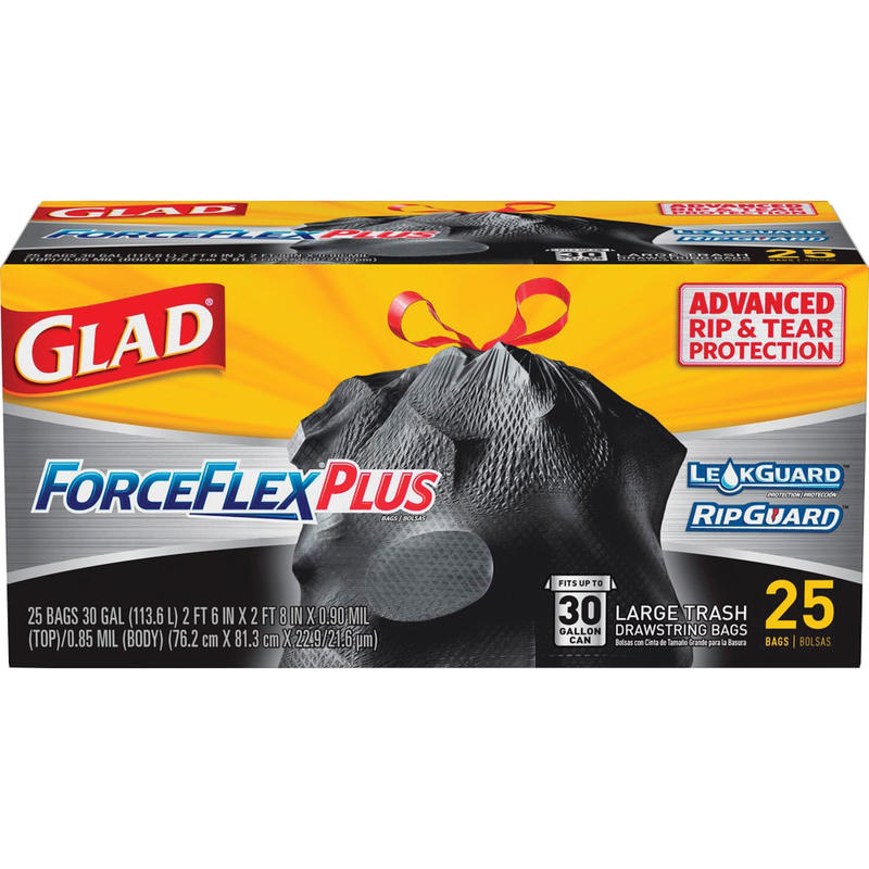 Glad ForceFlexPlus Large Drawstring Trash Bags - Large Size - 30 gal Capacity - 0.90 mil (23 Micron) Thickness - Drawstring Closure - Black - 6/Carton - 25 Per Box - Home, Office, Can MPN:70359CT