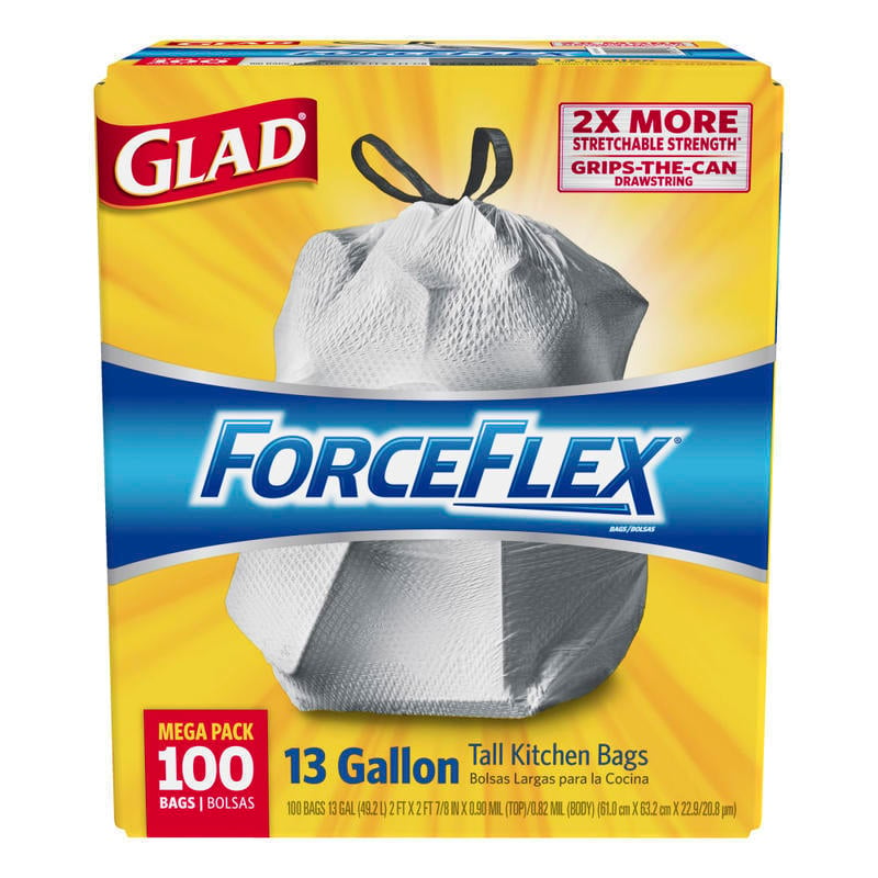 Glad ForceFlex Tall Kitchen Drawstring Trash Bags, 13 Gallon, Grey, Box Of 100 (Min Order Qty 3) MPN:70427