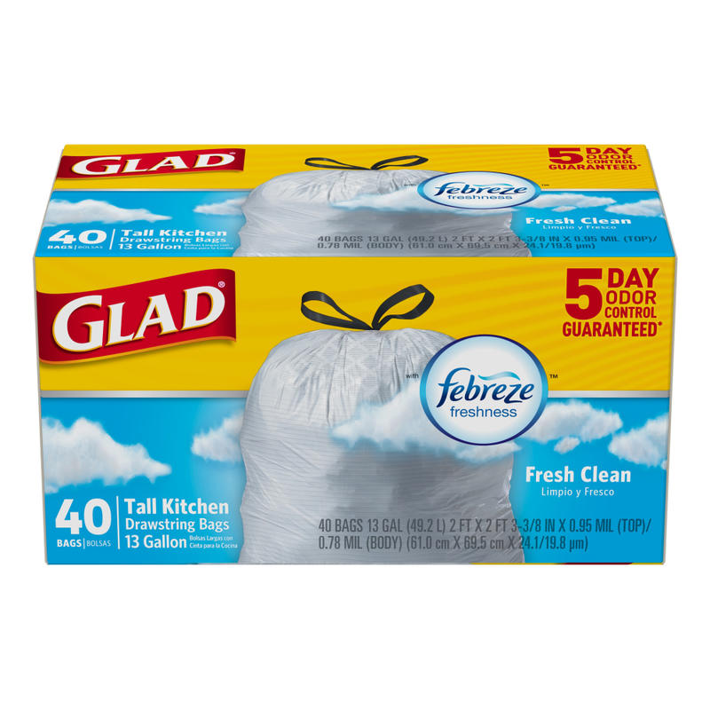Glad ForceFlex Tall Kitchen Drawstring Trash Bags - Fresh Clean with Febreze Freshness - 13 gal Capacity - 24in Width x 27.38in Length - 1.05 mil (27 Micron) Thickness - Drawstring Closure - White - 6/Carton - 40 Per Box - Kitchen MPN:78361CT