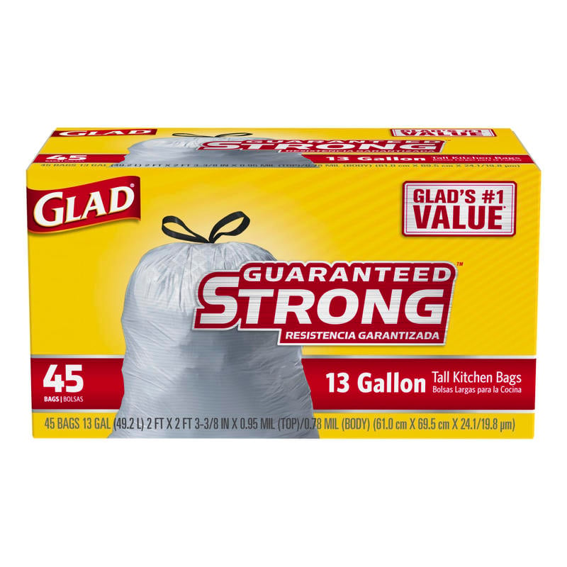 Glad Kitchen Tall 0.9-Mil Drawstring Bags, 13 Gallons, White, 45 Bags Per Box, Case Of 6 Boxes MPN:78362CT