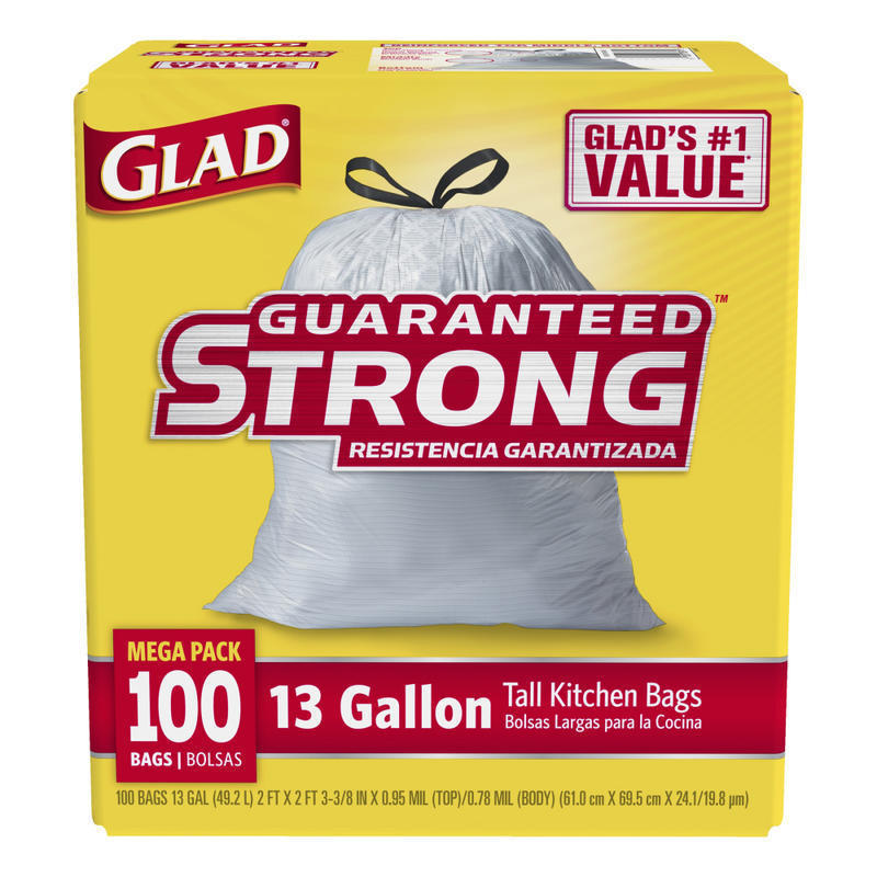 Glad Guaranted Strong 0.78-mil Tall Kitchen Trash Bags, 13 Gallons, 24in x 48in, White, Box Of 100 (Min Order Qty 3) MPN:78374