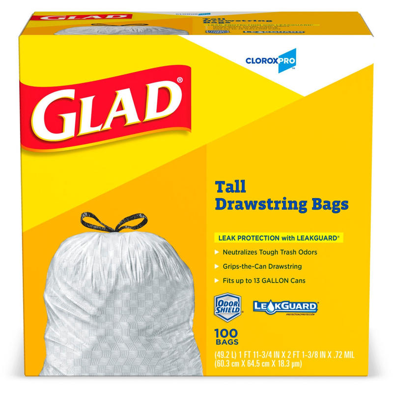 Glad CloroxPro ForceFlex Plastic Tall Kitchen Drawstring Trash Bags, 13 Gallons, 11-15/32in x 25-3/8in, White, 100 Bags Per Box, Carton Of 4 Boxes MPN:78526CT