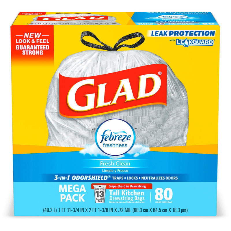 Glad ForceFlex Tall Kitchen Drawstring Trash Bags With Febreze Freshness, 13 Gallon, White, 80 Per Box, Carton Of 3 Boxes MPN:78899CT