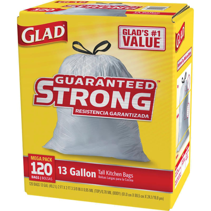 Glad ForceFlex Tall Kitchen Drawstring Trash Bags, 13 Gallon, White, Box of 120 Bags (Min Order Qty 2) MPN:CLO78564