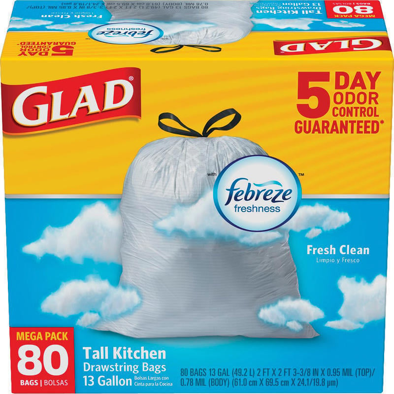 Glad Tall Kitchen 5-Day OdorShield Trash Bags With Febreze Freshness, 13 Gallons, Fresh Clean Scent, White, Pack Of 80 Trash Bags (Min Order Qty 3) MPN:CLO78899