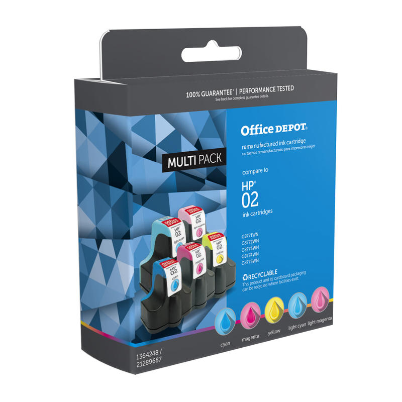 Office Depot Brand Remanufactured Cyan, Light Cyan, Magenta, Light Magenta, Yellow Ink Cartridge Replacement For HP 02, Pack Of 5 (Min Order Qty 2) MPN:OD02MP5