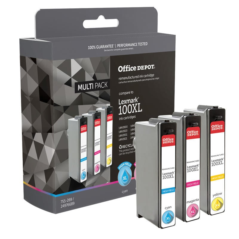 Office Depot Remanufactured Cyan; Magenta; Yellow High-Yield Ink Cartridge Replacement For Lexmark 100XL, Pack Of 3 (Min Order Qty 2) MPN:OD100CMYXL