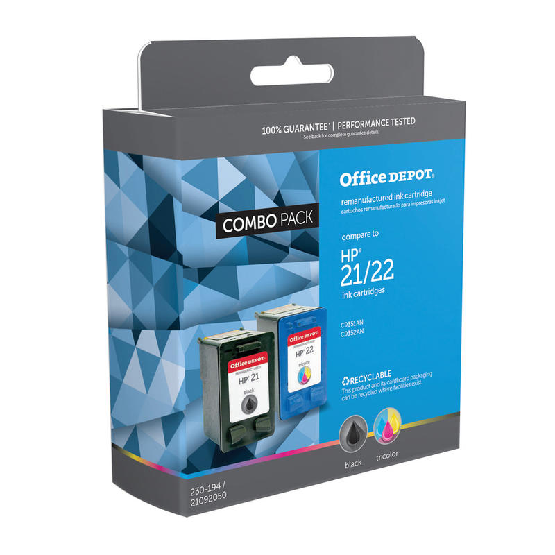 Office Depot Brand Remanufactured Black And Tri-Color Ink Cartridge Replacement For HP 21, 22, Pack Of 2 (Min Order Qty 2) MPN:OD22122