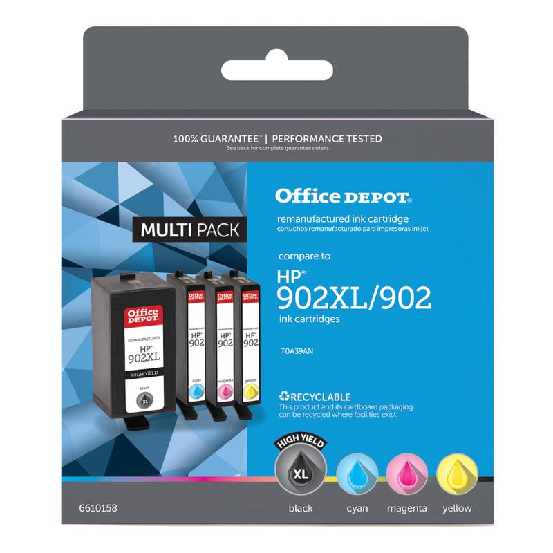 Office Depot RemanufacturedBlack; Cyan; Magenta; Yellow High-Yield/Standard Yield Cartridge Replacement For HP 902XL, 902, Pack Of 4 (Min Order Qty 2) MPN:OD902XLK902CMYV3