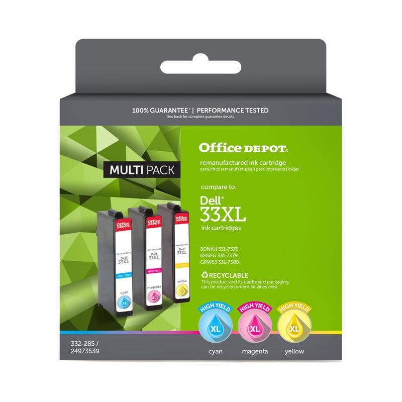 Office Depot Remanufactured Cyan; Magenta; Yellow High-Yield Ink Cartridge Replacement For Dell 33XL, Pack Of 3, ODD33XLMP (Min Order Qty 2) MPN:ODD33XLMP