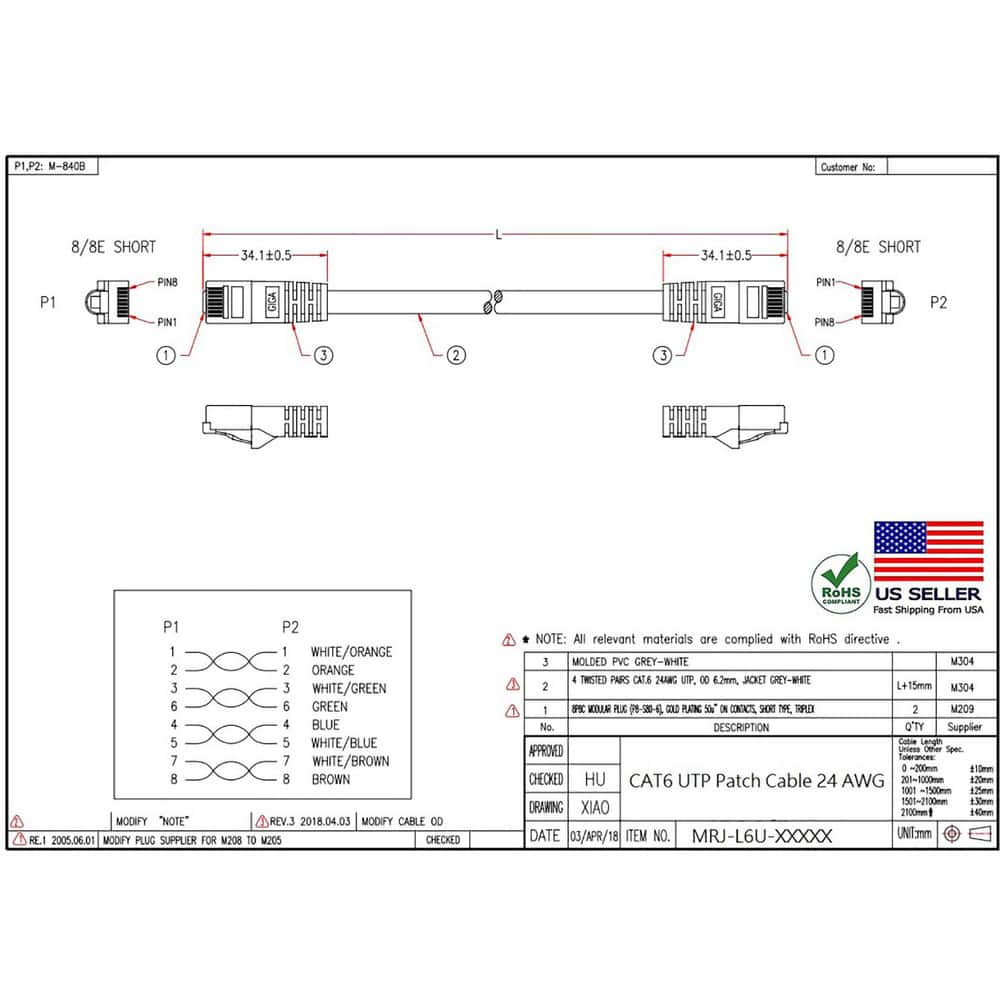 Network & Ethernet Cable, Wire Size: 24.000 , Transmission Speed: 550MHz , Color: Green  MPN:MRJ-L6U-01GRE10