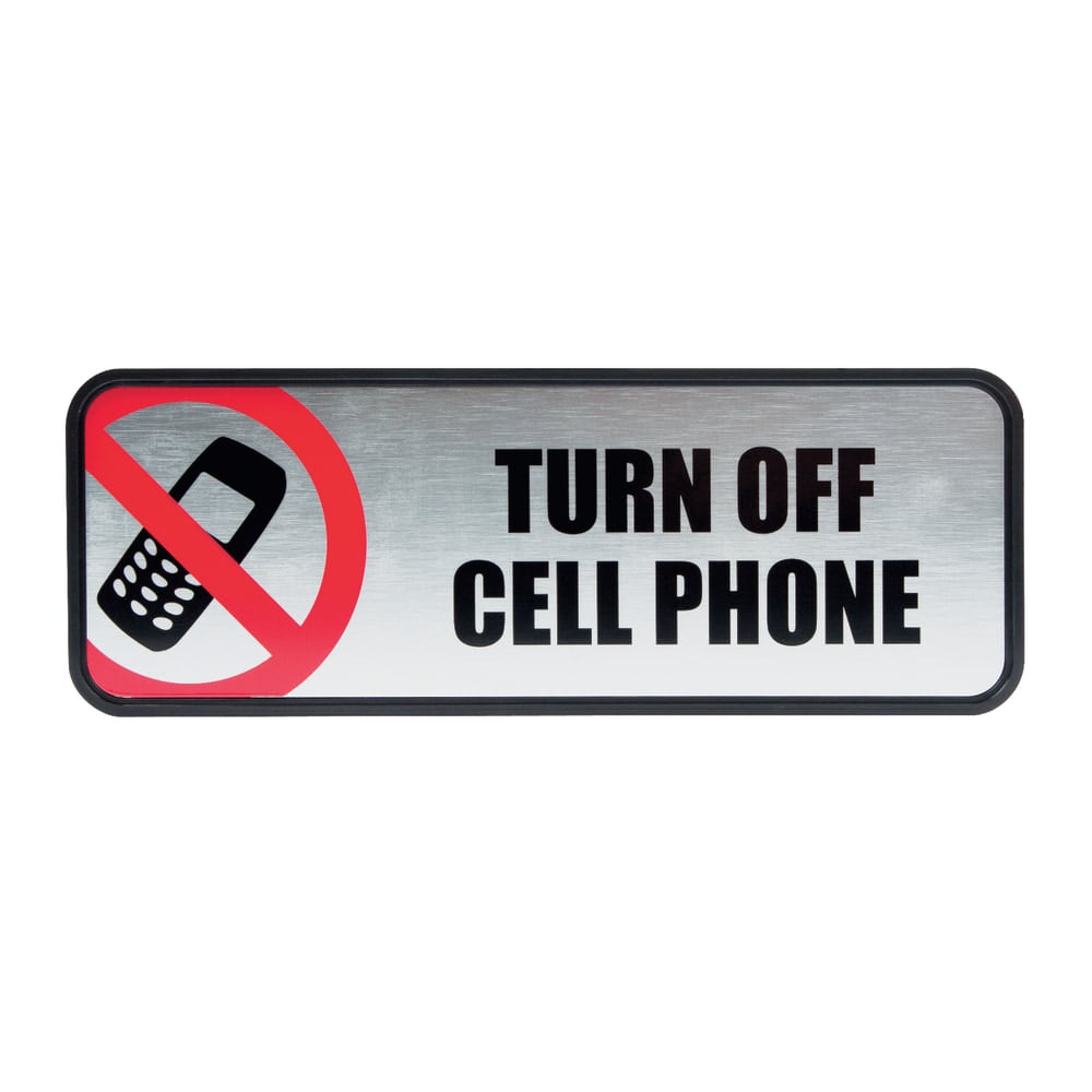 COSCO Turn Off Cell Phone Image/Message Sign - 1 Each - Turn Off Cell Phone Print/Message - 9in Width x 3in Height - Rectangular Shape - Metal - Silver, Red, Metallic (Min Order Qty 6) MPN:098211