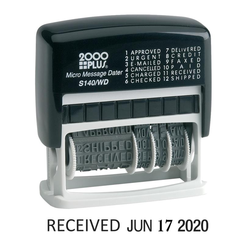 2000 PLUS Date Phrase Dater Stamp Self-Inking 12-in-1 Micro Date Message Dater Stamp, 12 Phrases, Approved, Urgent, Emailed, Cancelled, Charged, Checked, Delivered, Credit, Faxed, Paid, Received, Shipped; Black Ink (Min Order Qty 6) MPN:11090