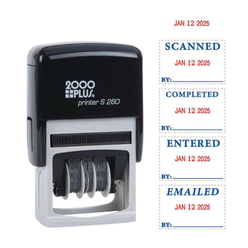 2000 PLUS Date Message Dater Stamp Entered, Scanned, Emailed, Received  Stamp, 4-in-1 Date Message Dater Self-Inking Stamp, 15/16in x  1-3/4in Impression, Blue and Red Ink (Min Order Qty 6) MPN:011098