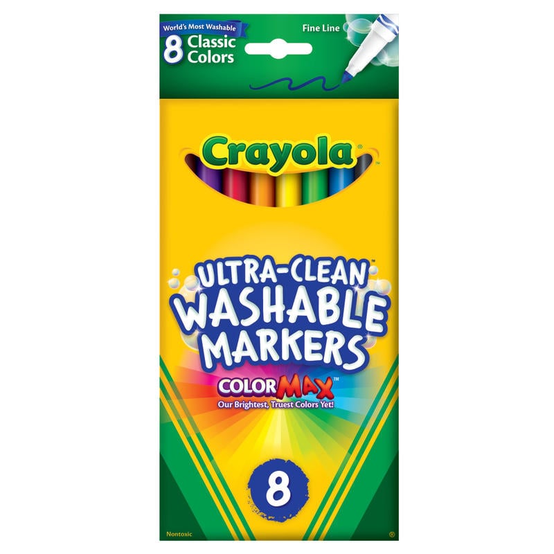 Crayola Ultra-Clean Washable Color Markers, Thin Line, Assorted Classic Colors, Box Of 8 (Min Order Qty 14) MPN:58-7809