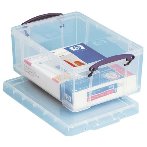 Really Useful Box Plastic Storage Container With Built-In Handles And Snap  Lid, 32 Liters, 19in x 14in x 12in, Clear