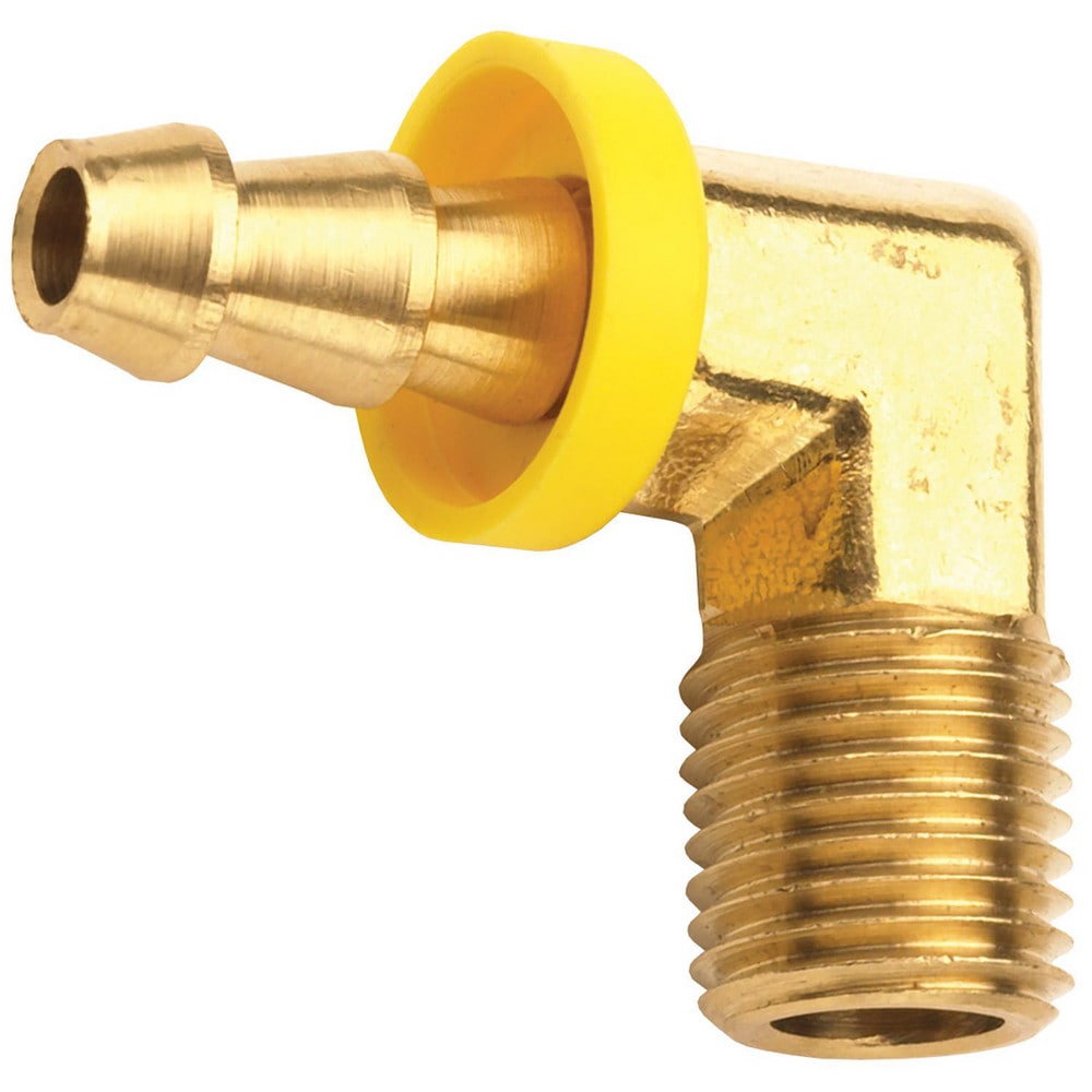 Barbed Push-On Hose Fittings, Fitting Type: Male Elbow , Inside Diameter (Inch): 3/8 , Material: Brass , Thread Standard: NPTF , Thread Size: 3/8-18  MPN:2730606C