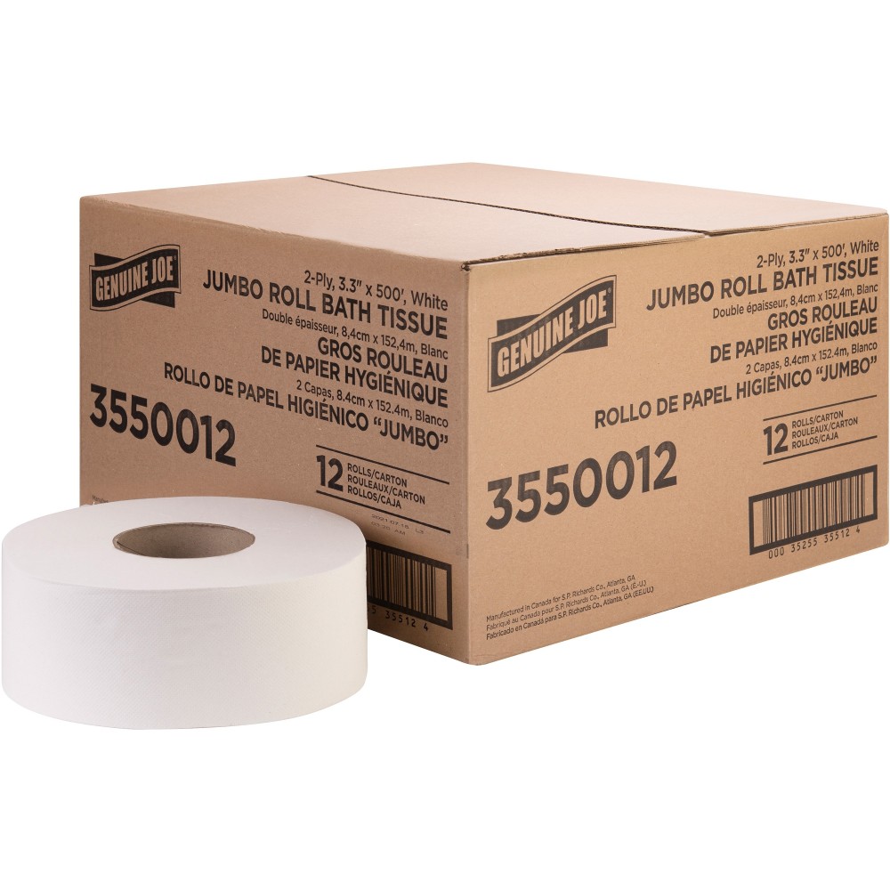 Genuine Joe Jumbo Jr Dispenser Bath Tissue Roll - 2 Ply - 3.30in x 500 ft - 8.88in Roll Diameter - White - Fiber - 12 / Carton (Min Order Qty 2) MPN:3550012