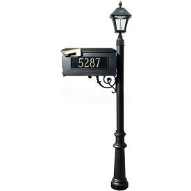 Mailbox Post (Fluted Base & Black Bayview Solar Lamp) w/3 Address Plates Support Brace Black LMC-800-SL-BL